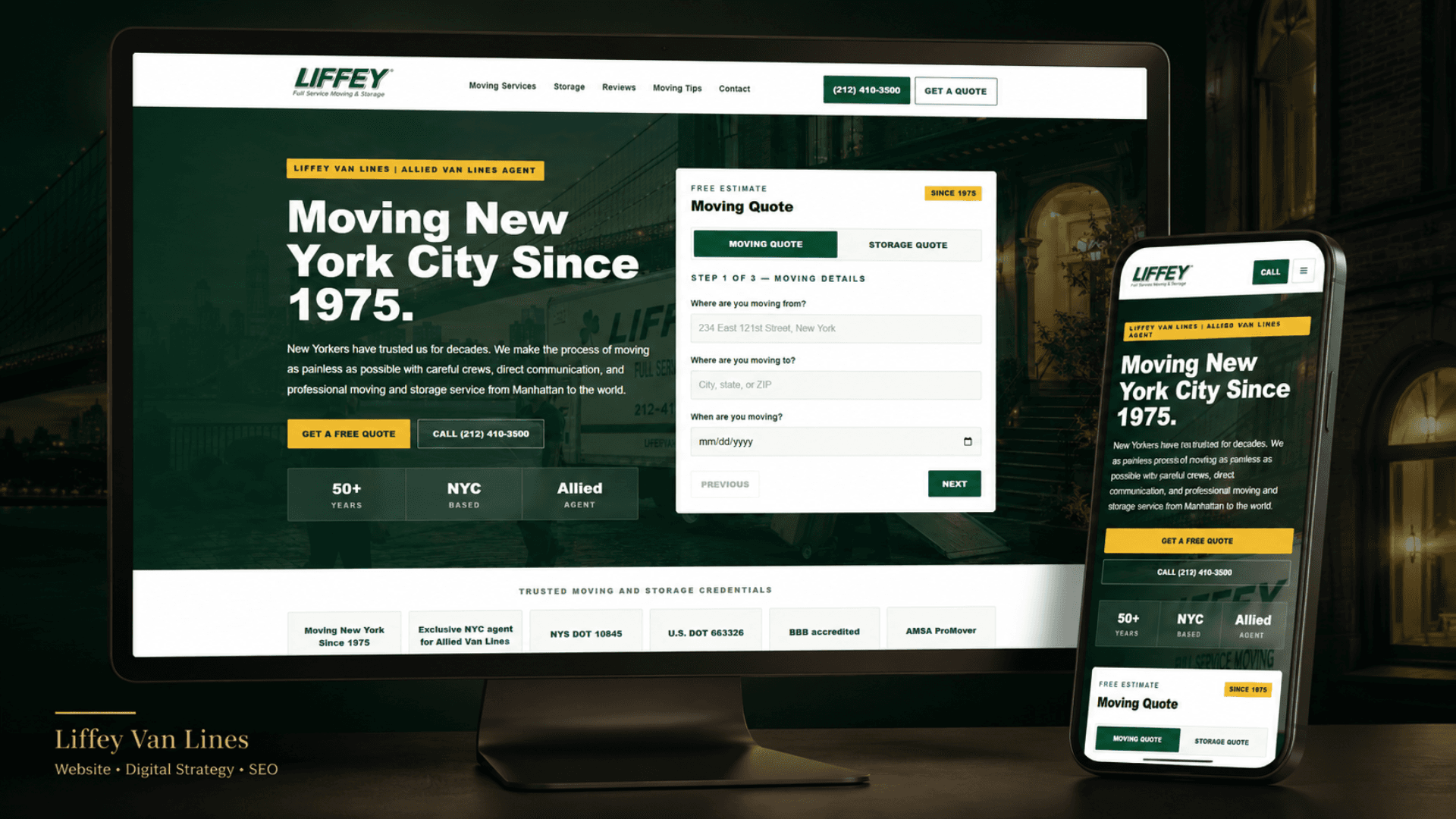 Liffey Van Lines moving company website presented across desktop and mobile layouts