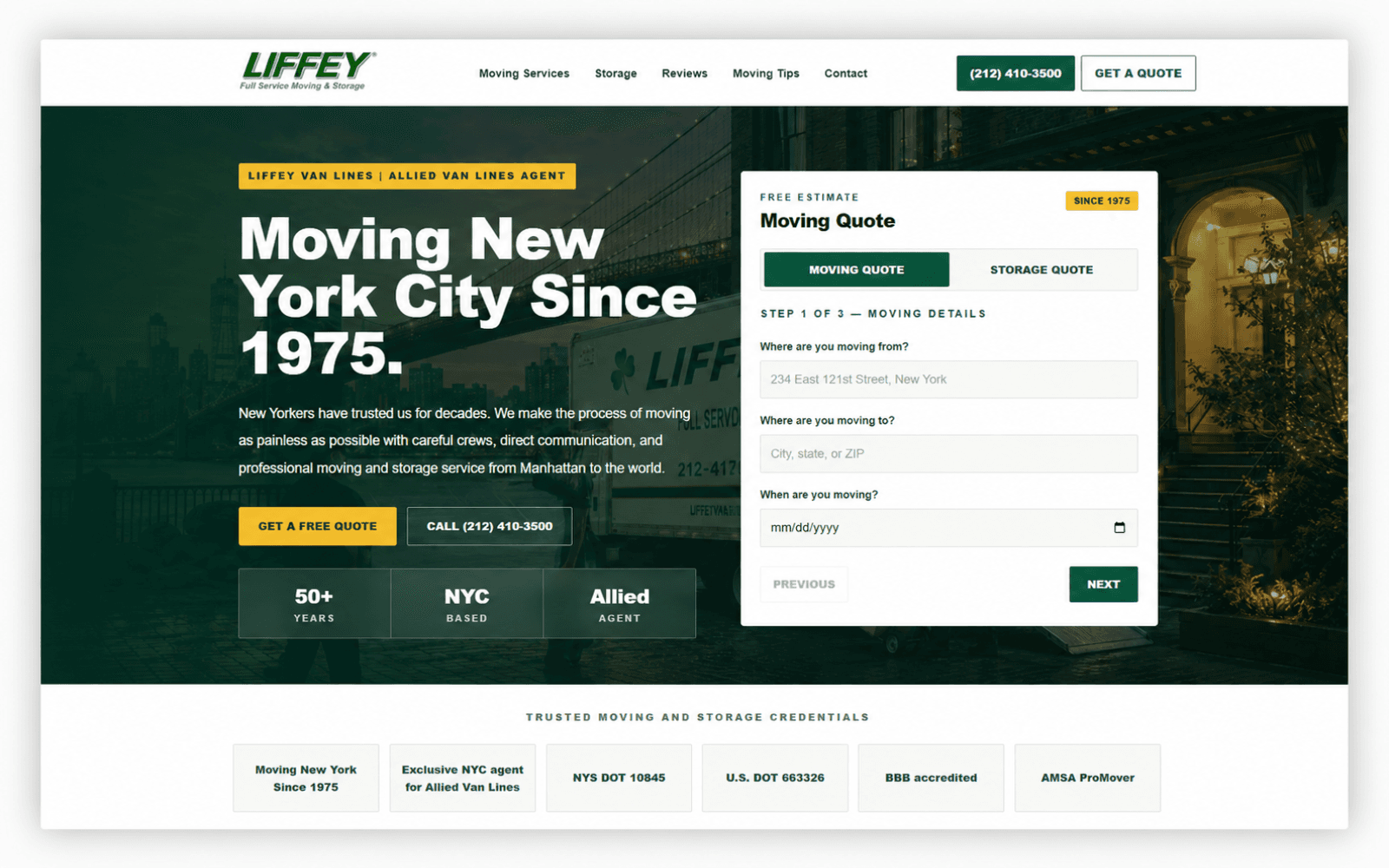 Liffey Van Lines website homepage