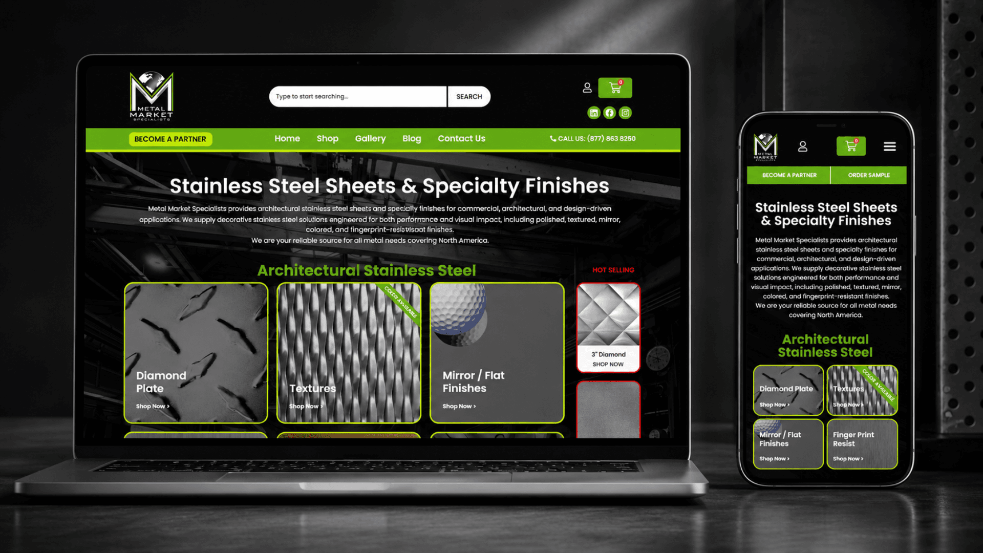 Metal Market Specialists ecommerce website presented across desktop and mobile layouts