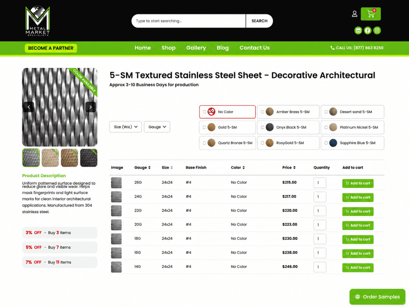 Metal Market Specialists product page showing metal finish options