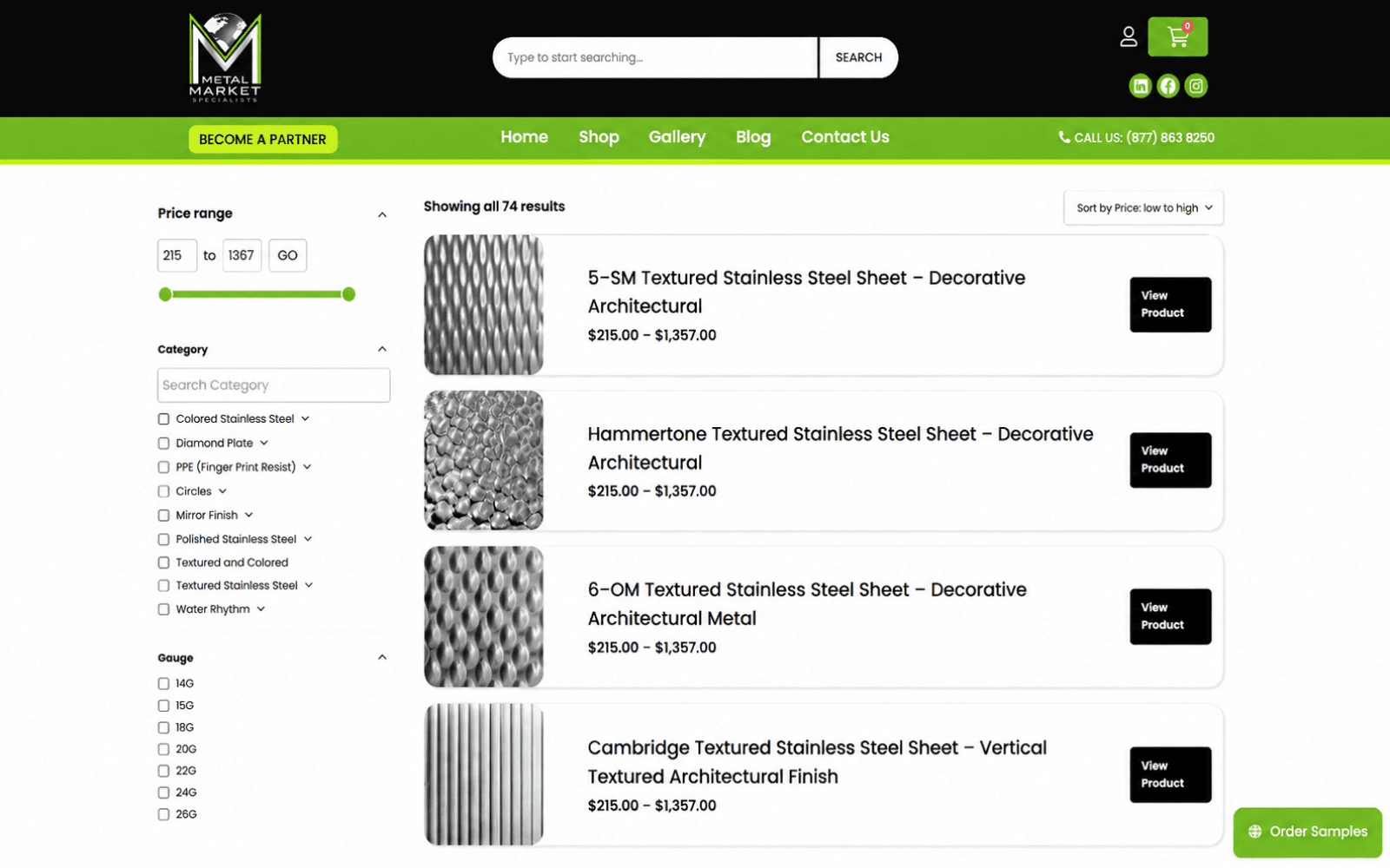 Metal Market Specialists ecommerce product catalog and shop interface