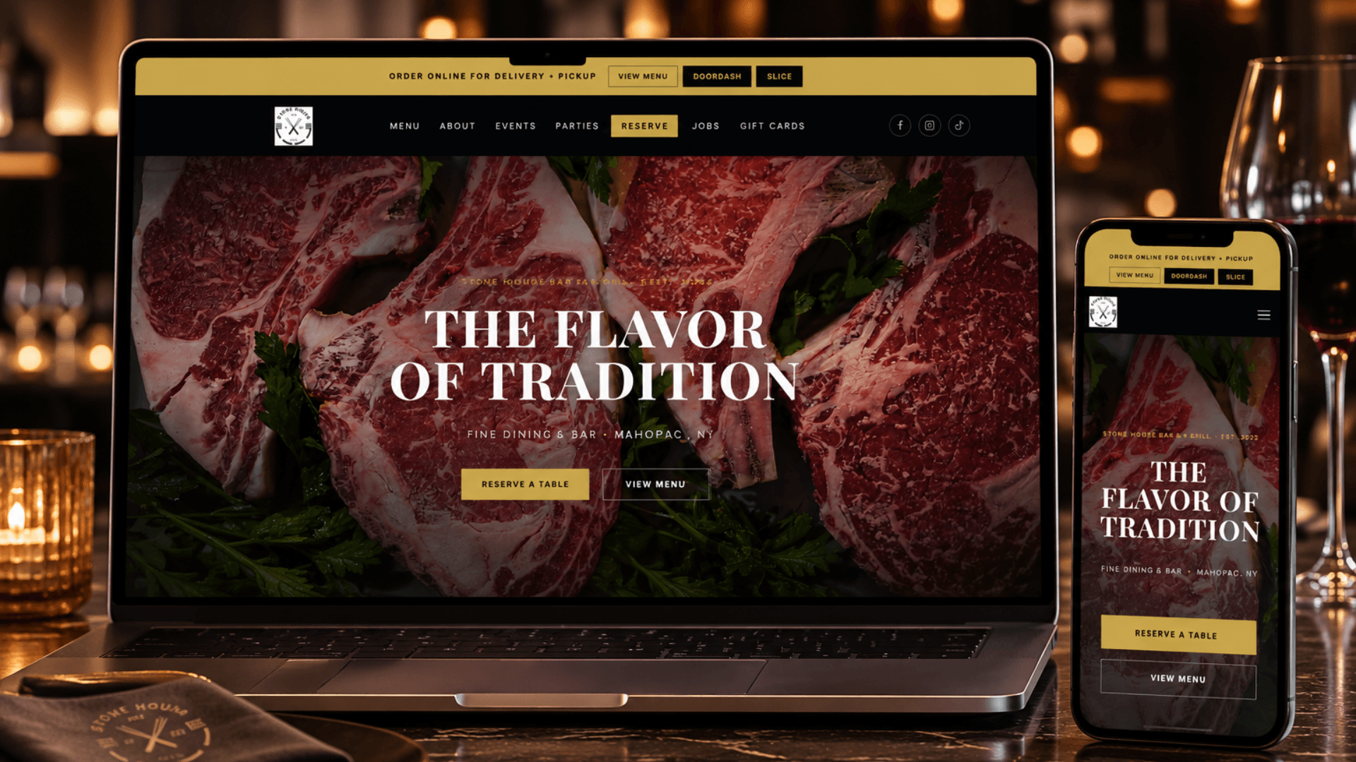 Stone House Bar and Grill restaurant website presented across desktop and mobile layouts