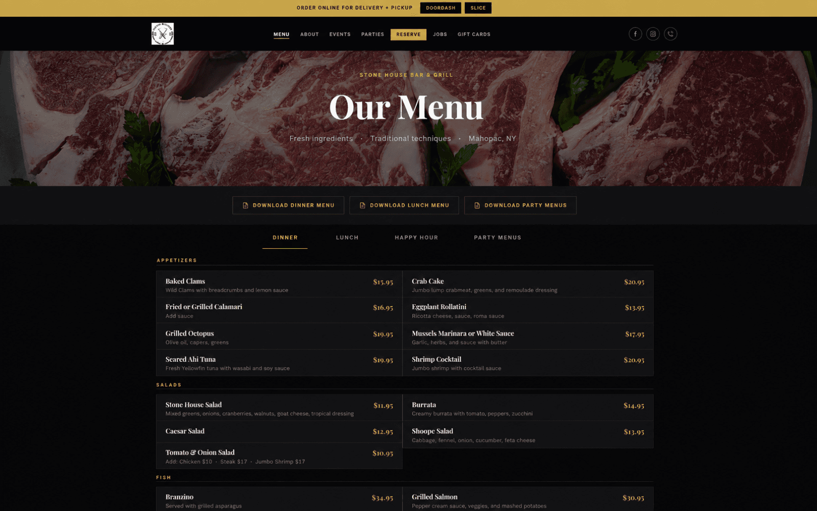 Stone House Bar and Grill online menu page